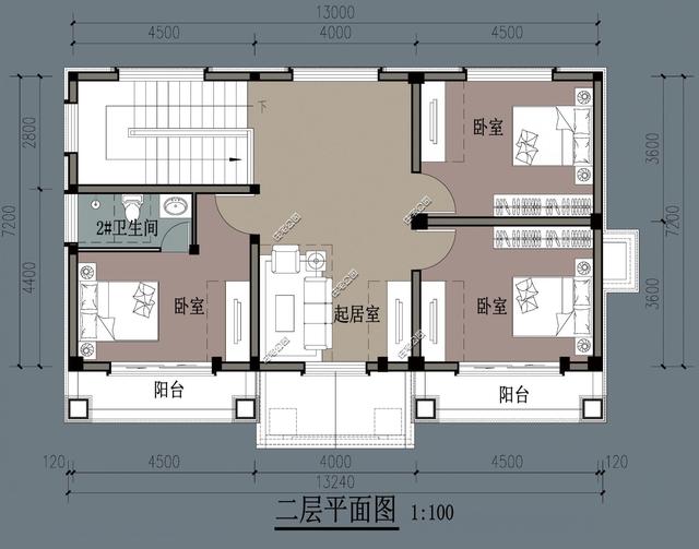7×13米外置廚房，4室2廳農村別墅二層房屋方案圖