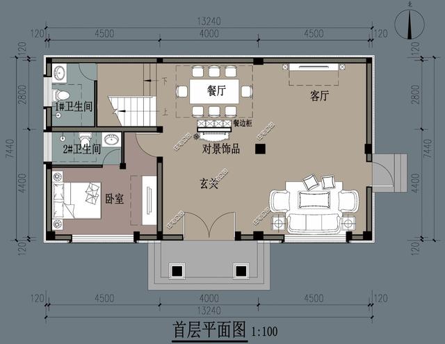 7×13米外置廚房，4室2廳農村別墅二層房屋方案圖