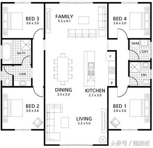 農村一層房屋設計圖12米X12米美式大平層房屋設計圖帶裝修圖片