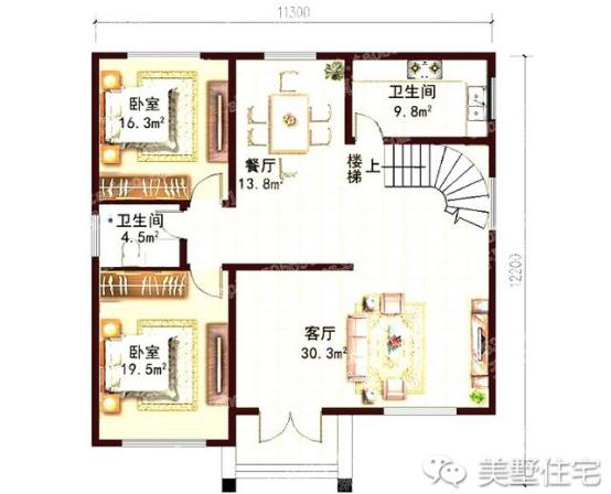 11x11米歐式三層小別墅戶型圖，3種外觀配色，各有千秋