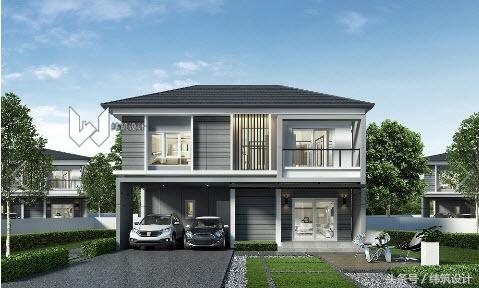 3款超現代的二層小別墅外觀圖，附戶型圖，都是開放式車庫