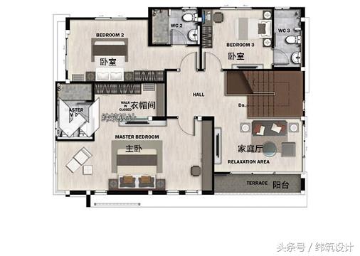 3款超現代的二層小別墅外觀圖，附戶型圖，都是開放式車庫