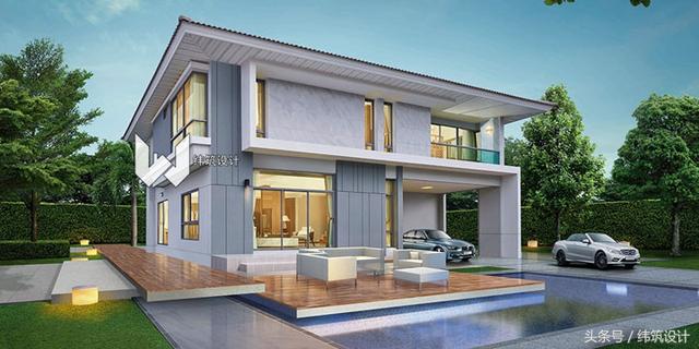 3款超現代的二層小別墅外觀圖，附戶型圖，都是開放式車庫