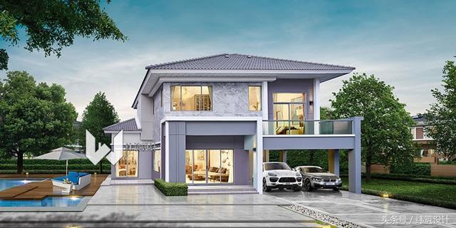 3款超現代的二層小別墅外觀圖，附戶型圖，都是開放式車庫