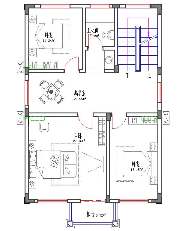 110㎡30萬2廳6室3衛三層自建房設計圖