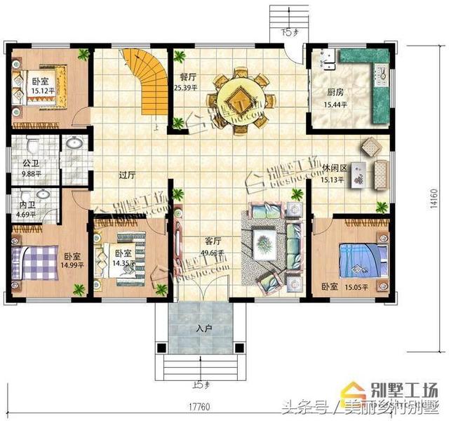 17.76X14.16m農村四間二層簡歐別墅戶型圖，一個字漂亮