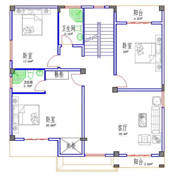 三層平屋頂自建房設計圖，簡單易建35萬3廳6室4衛小戶型帶車庫臥室套間