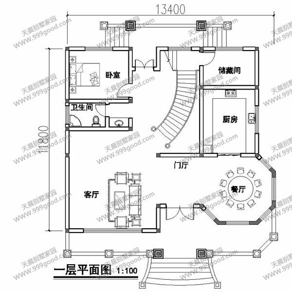 農村別墅設計圖，13.4X11.8米挑空，剛陽美中的曲線美！