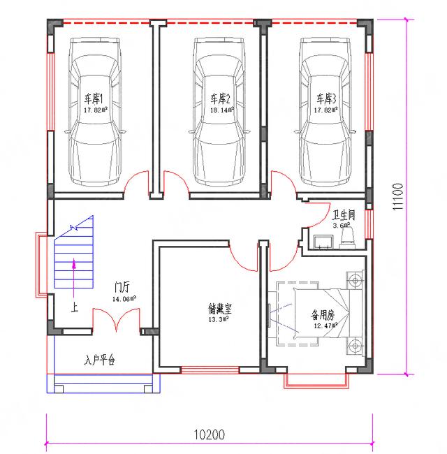 帶玻璃花房矮層車庫三層別墅圖紙10.2*11.1，功能齊全，主體造價30萬左右