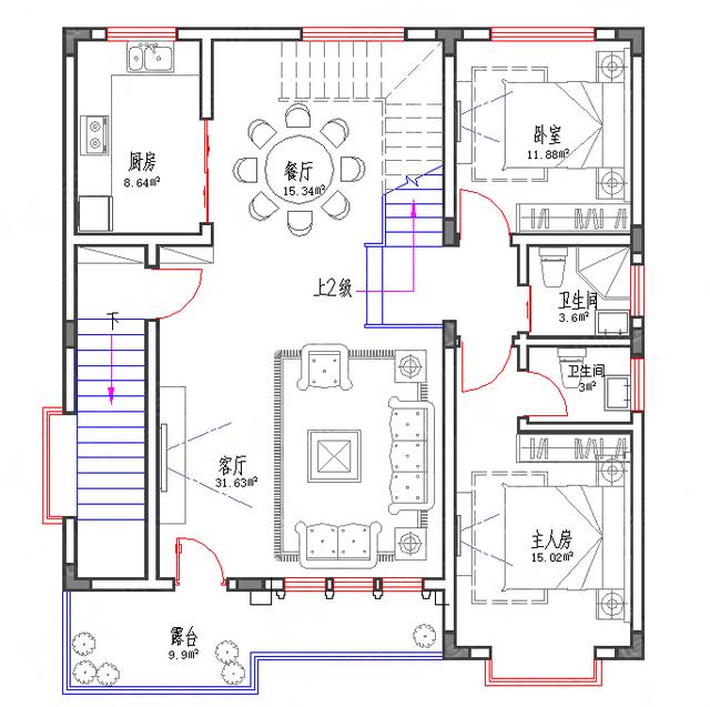 帶玻璃花房矮層車庫三層別墅圖紙10.2*11.1，功能齊全，主體造價30萬左右