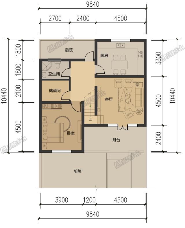10米開間，客廳側(cè)布置一跑樓梯平面設(shè)計(jì)，五套方案供您選擇