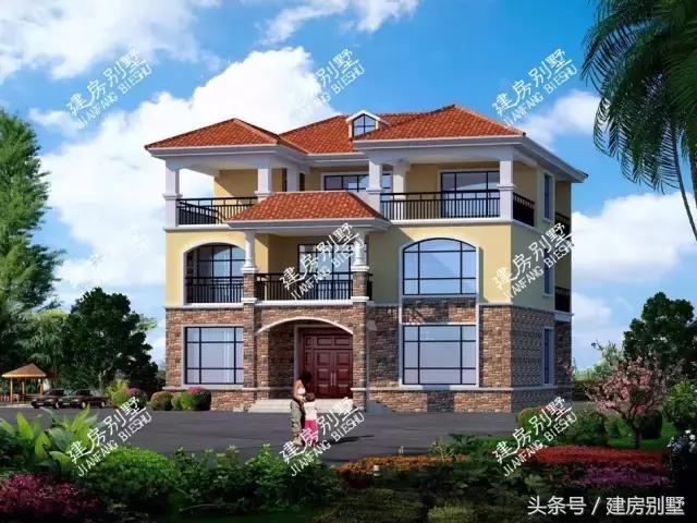 13.2×15.1米三層農(nóng)村別墅，真石漆搭配文化石，經(jīng)濟(jì)又美觀