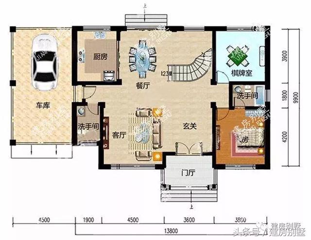 三層豪宅別墅圖，第一棟配開放式車庫，第二棟設電梯井
