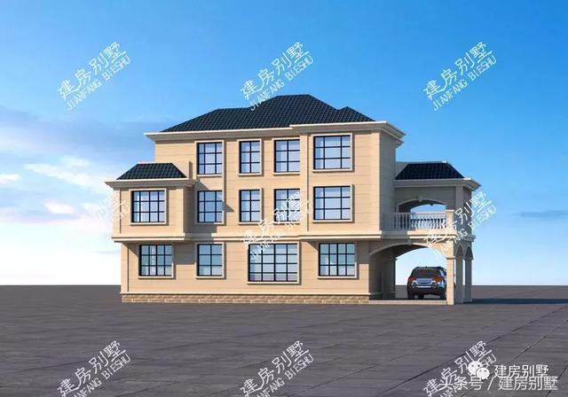 三層豪宅別墅圖，第一棟配開放式車庫，第二棟設電梯井