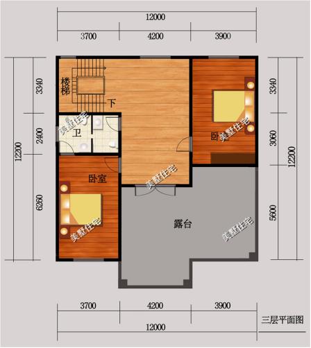 三層別墅圖，12x12米，6室2廳簡歐風，方正的戶型和簡約的外觀。