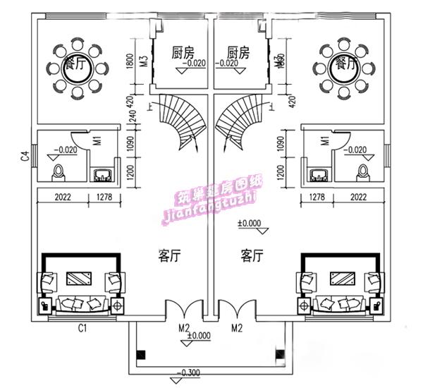 二層農(nóng)村雙拼別墅設(shè)計圖，14x12米，單戶90平米左右。