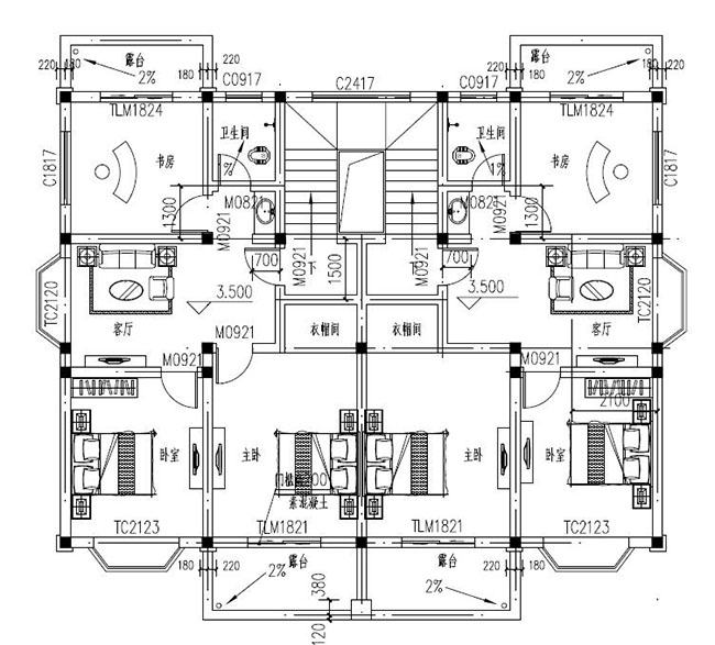 兄弟倆二層雙拼別墅設計圖紙，一層共用，設計新穎
