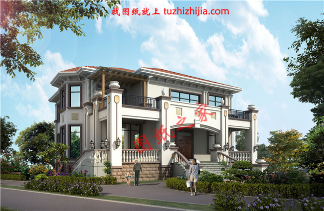 奢華歐式二層樓房設(shè)計(jì)圖，入戶設(shè)有玄關(guān)，一層大窗設(shè)計(jì)