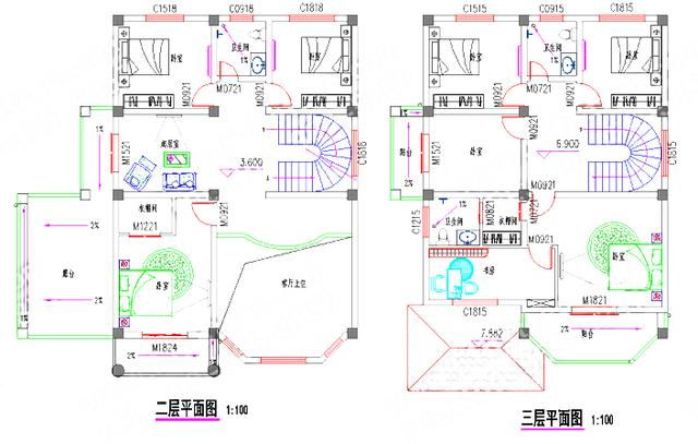 復式三層帶車庫豪華套間別墅設計圖，150㎡2廳8室。