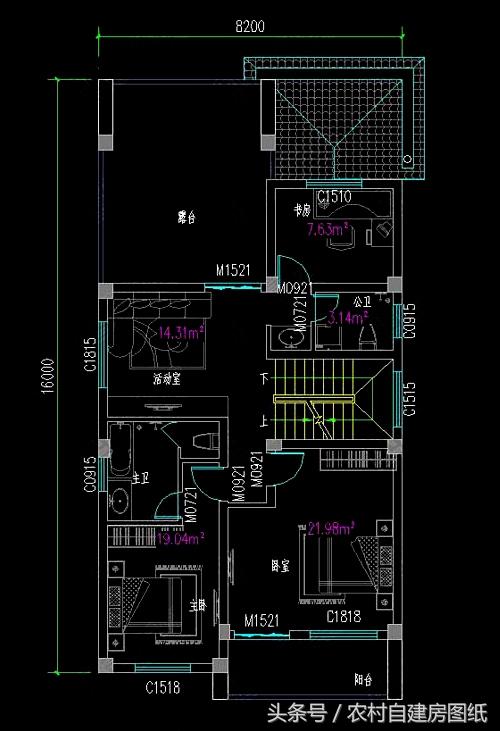 二層半農村自建房，8X16米，帶車庫布局好，又舒適實用有面子。