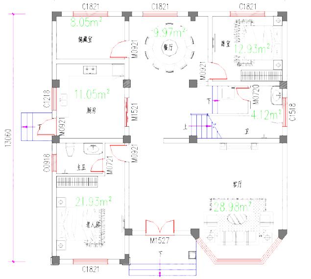 四層農村別墅設計圖，12×13米，4廳10室帶挑空客廳+老人房+套房。