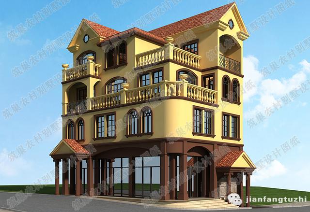 四層帶商鋪多功能別墅設(shè)計(jì)圖，占地100平方米，豪華大氣，造價(jià)40萬(wàn)。