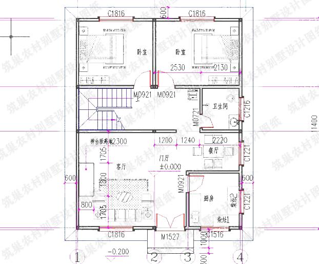 實用型二層平屋頂簡單農村自建房全套設計圖紙，100平方米1廳5臥，施工簡單，戶型簡約