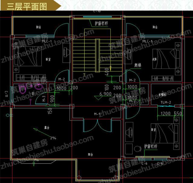 三層農村別墅設計圖，12×12米，2廳8臥，造價30萬，南北多陽臺設計！