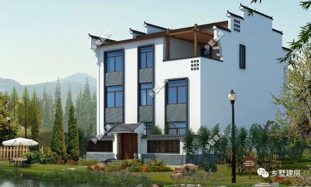 360平農(nóng)村四合院別墅設(shè)計(jì)圖，黛瓦白墻，簡約大方，還有陽光房+健身房