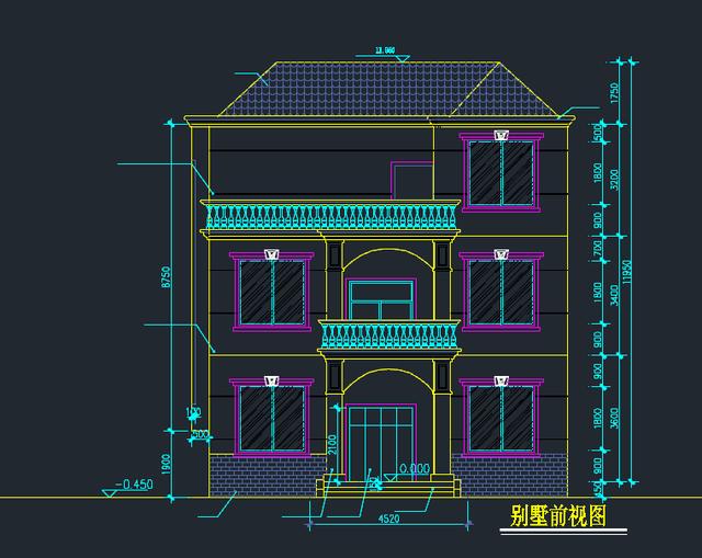 三層自建房帶羅馬柱，外觀造型簡潔大方，色彩明快