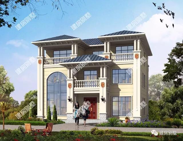 13×12.9米三層農村別墅設計圖，雙涼亭搭配露臺，外觀豪華大氣