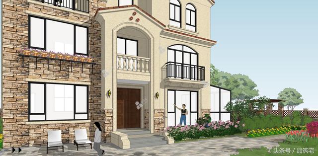 12X10三層西班牙風(fēng)格別墅圖，戶型方正、緊湊實用，有露臺有陽光房有院子，一家共享天倫~