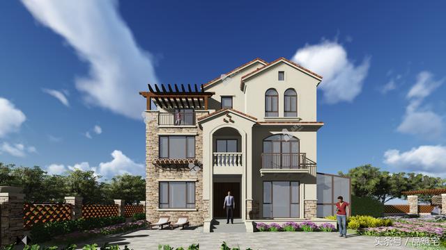 12X10三層西班牙風(fēng)格別墅圖，戶型方正、緊湊實用，有露臺有陽光房有院子，一家共享天倫~