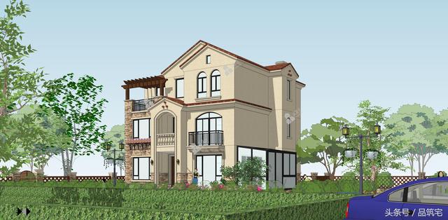 12X10三層西班牙風(fēng)格別墅圖，戶型方正、緊湊實用，有露臺有陽光房有院子，一家共享天倫~