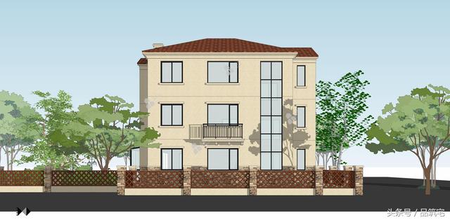 12X10三層西班牙風(fēng)格別墅圖，戶型方正、緊湊實用，有露臺有陽光房有院子，一家共享天倫~