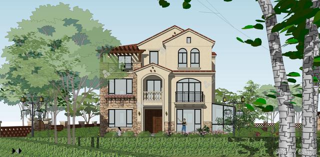 12X10三層西班牙風(fēng)格別墅圖，戶型方正、緊湊實用，有露臺有陽光房有院子，一家共享天倫~