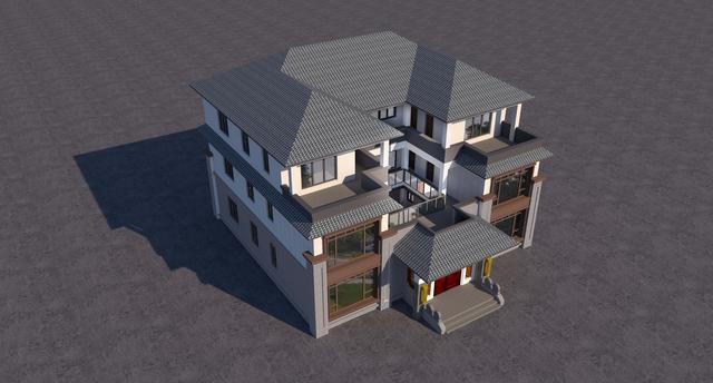 三層新中式別墅合院設(shè)計圖，階梯式外觀時尚大氣，內(nèi)部功能房齊全