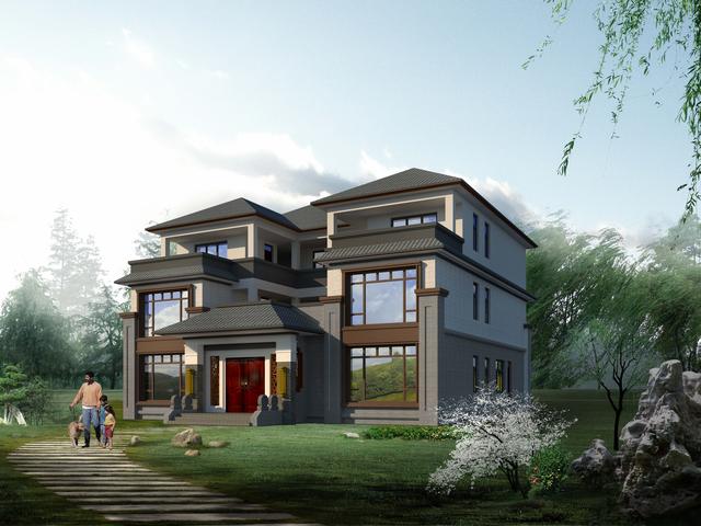 三層新中式別墅合院設(shè)計圖，階梯式外觀時尚大氣，內(nèi)部功能房齊全