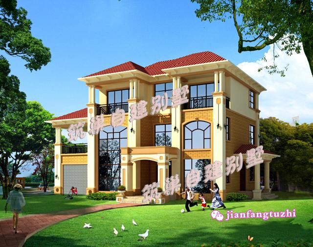 三層豪華農村別墅全套設計圖，帶雙車庫，18x13米。