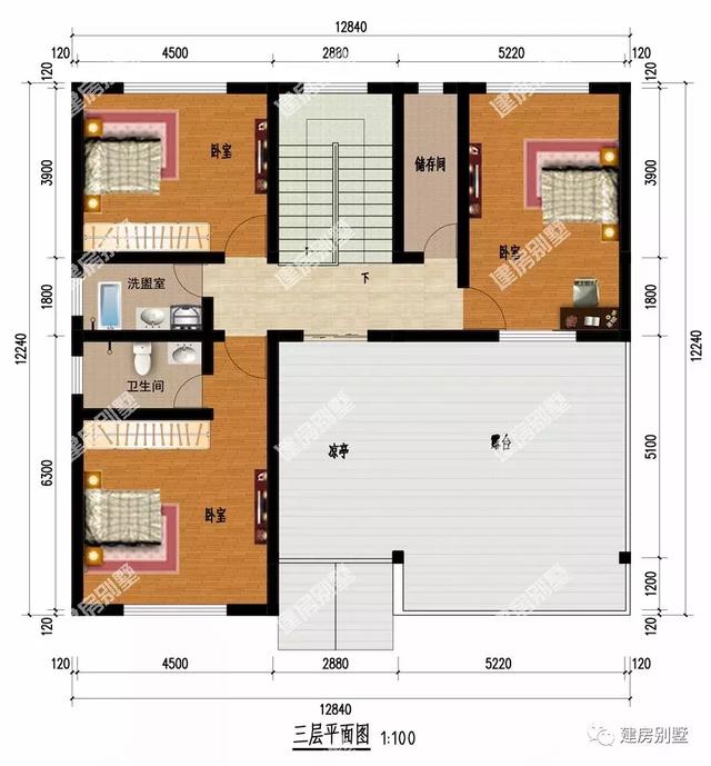 12.8×12.2米農(nóng)村三次別墅設(shè)計圖，布局很實用且主次臥設(shè)計分明
