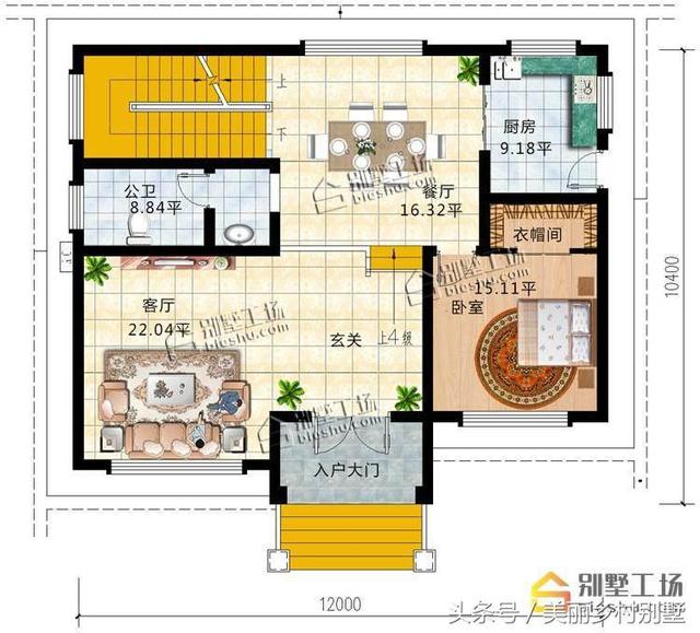 農村三層別墅設計圖，12X10.4m，經典三層歐式風格，造價30萬帶地下室復式客廳