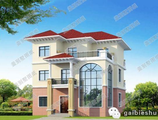 50萬12×14米3廳8臥帶落地窗三層農村別墅戶型設計圖，外觀色調搭配清新明亮