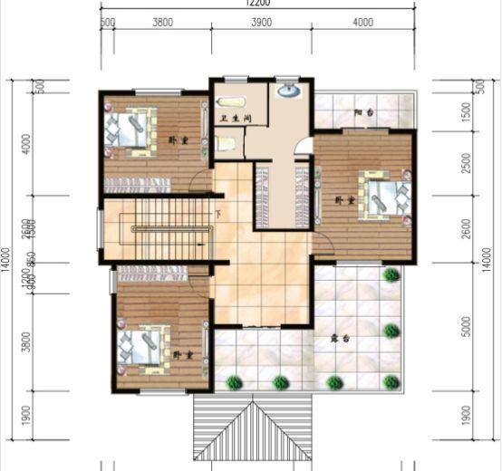 50萬12×14米3廳8臥帶落地窗三層農村別墅戶型設計圖，外觀色調搭配清新明亮