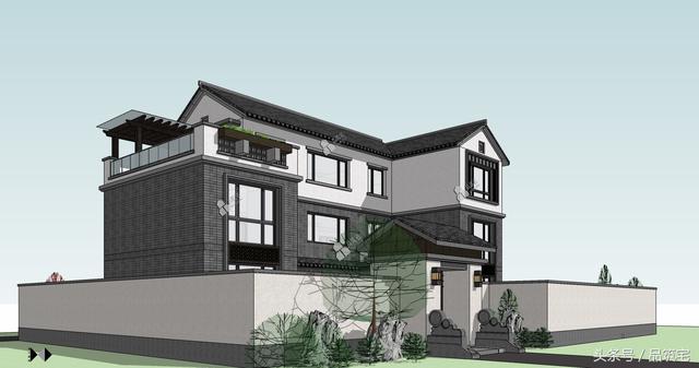 三層中式別墅設計圖，綠水青山白墻黛瓦，鄉間恬淡生活躍然眼前