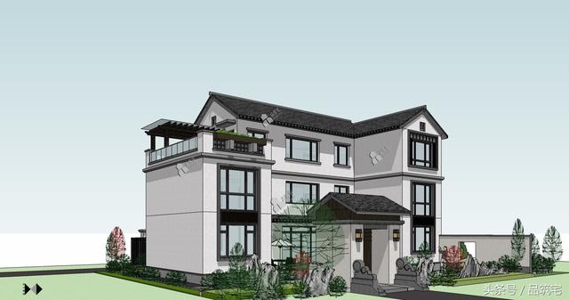 三層中式別墅設計圖，綠水青山白墻黛瓦，鄉間恬淡生活躍然眼前