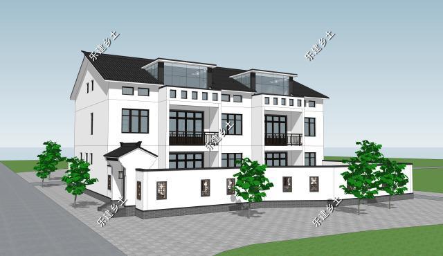 三層21X14米新中式雙拼別墅設(shè)計圖，設(shè)計完成度高，整體性強