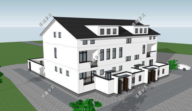 三層21X14米新中式雙拼別墅設(shè)計圖，設(shè)計完成度高，整體性強