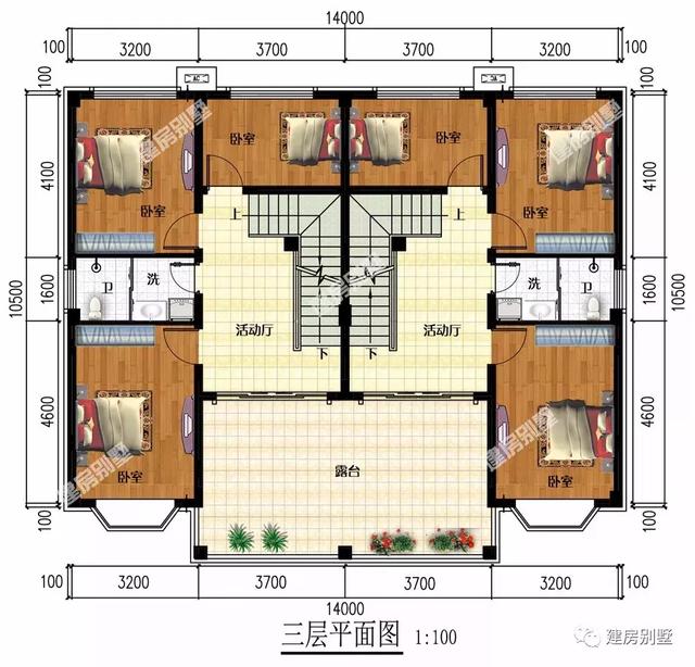 14×10.5米三層雙拼別墅設(shè)計(jì)圖，平屋頂+飄窗，主體50萬