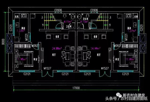五棟兄弟雙拼別墅設(shè)計(jì)圖，3款共堂屋，一款帶門(mén)面，單戶最低16萬(wàn)