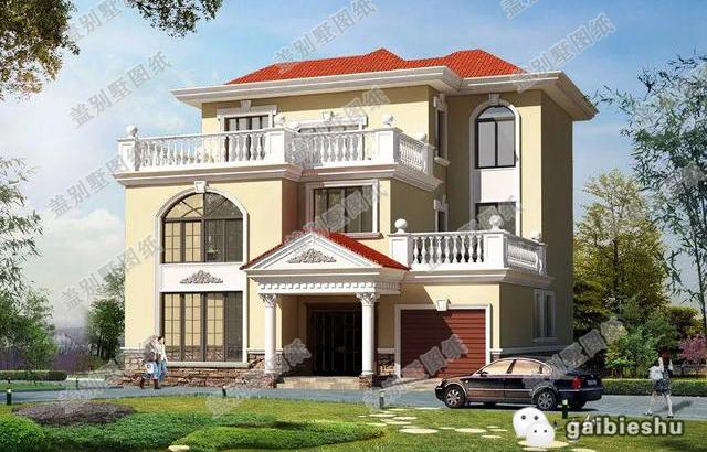 三層農村自建帶堂屋車庫別墅設計圖，二三層露臺高低錯落富有參差感，而且有超大的落地窗哦